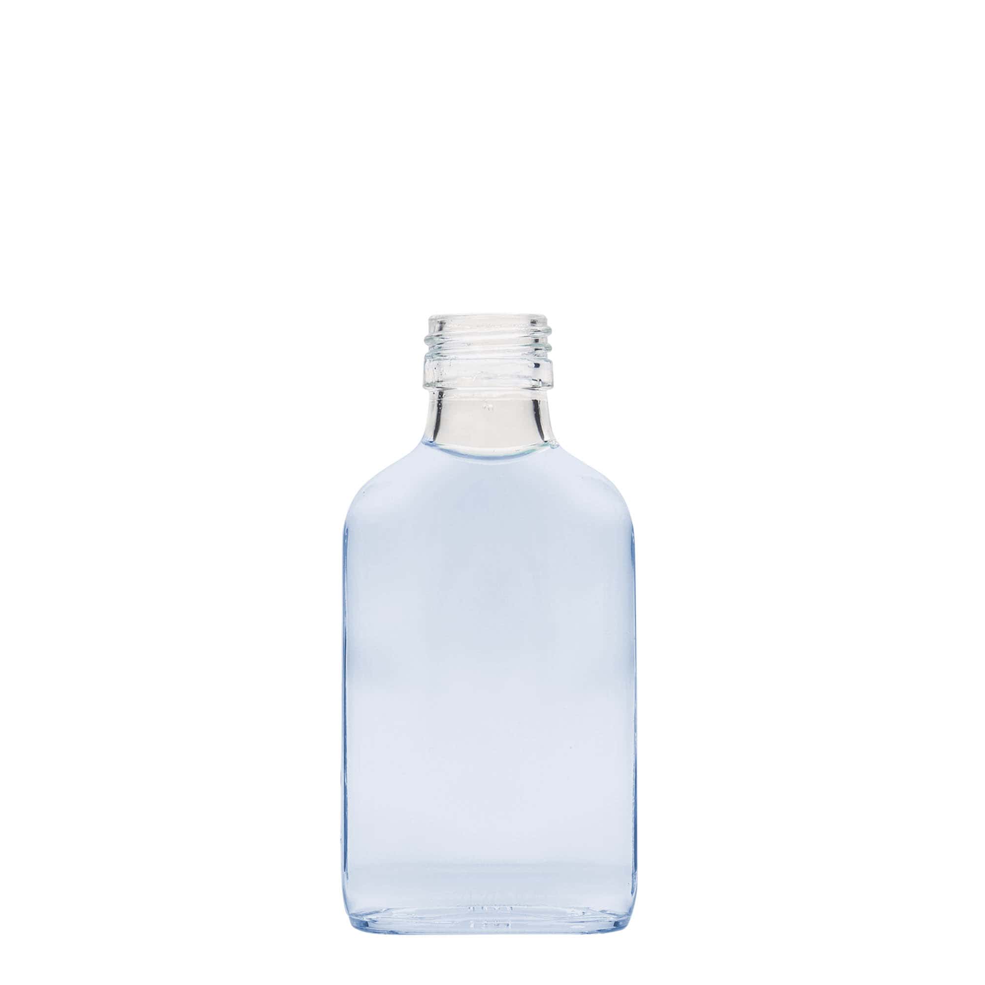 100 ml lommeflaske, rektangulær, glass, åpning: PP 28