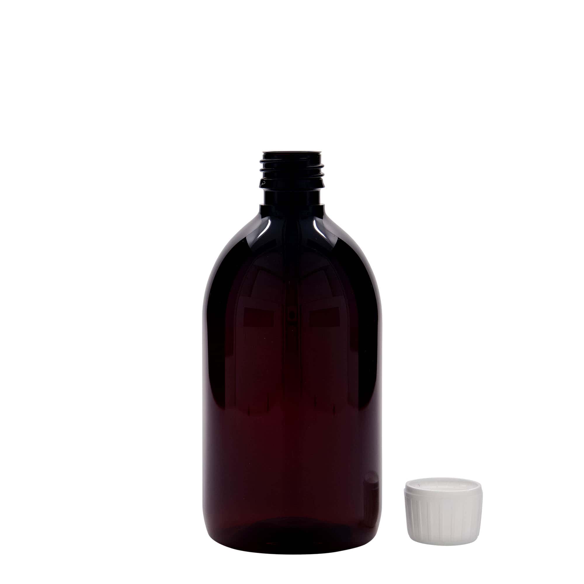 500 ml PET-medisinflaske, brun, plast, åpning: PP 28