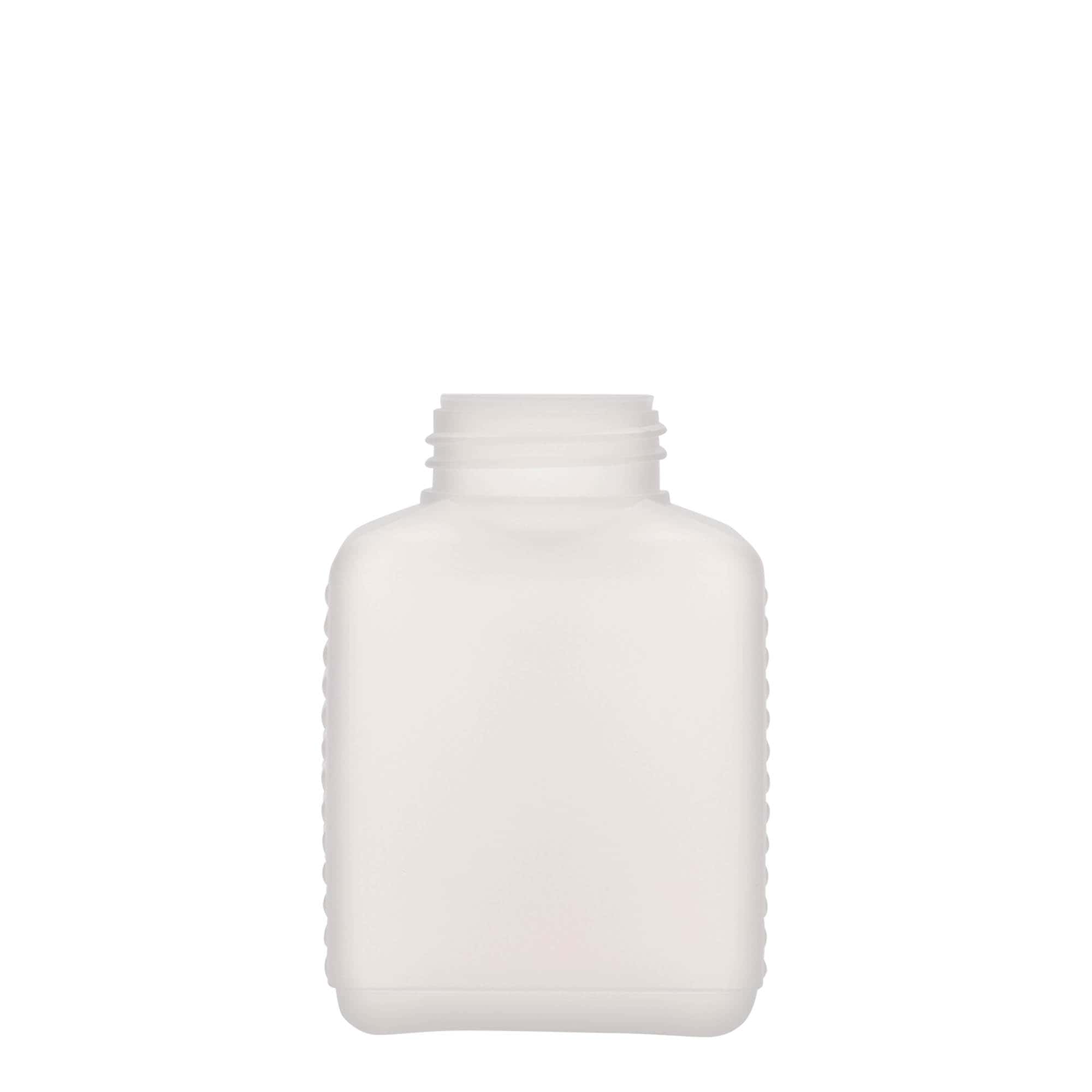 250 ml bredhalsflaske, rektangulær, HDPE-plast, natur, åpning: DIN 40 EPE