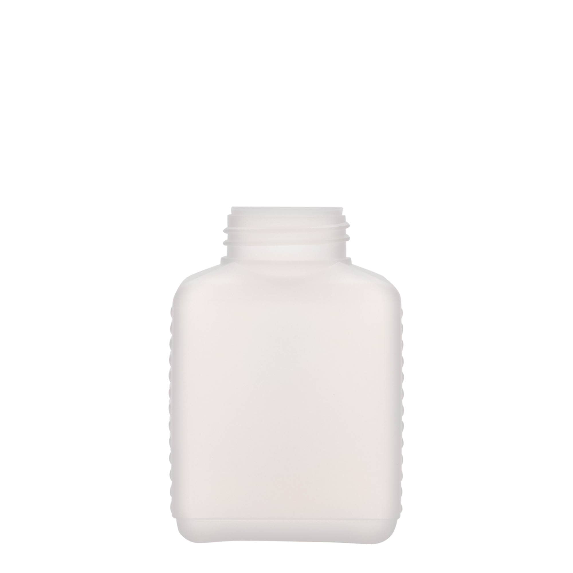250 ml bredhalsflaske, rektangulær, HDPE-plast, natur, åpning: DIN 40 EPE