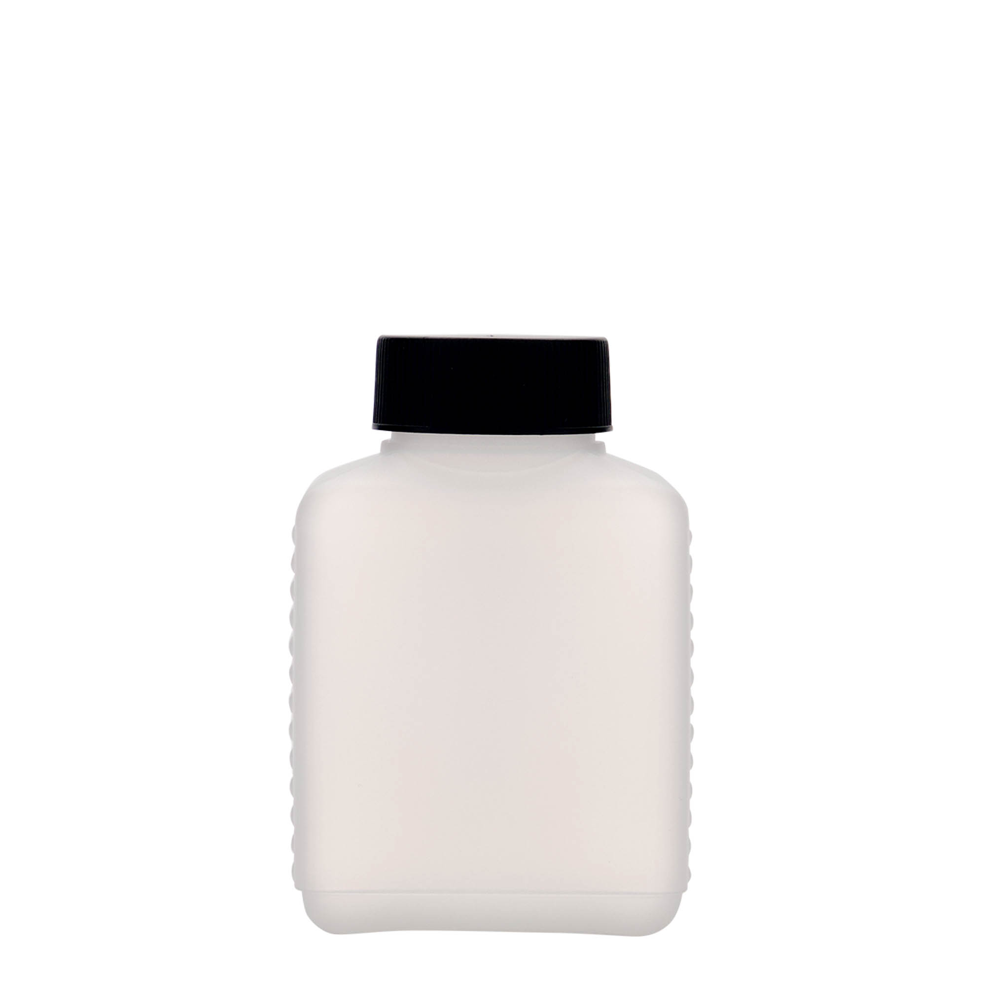 250 ml bredhalsflaske, rektangulær, HDPE-plast, natur, åpning: DIN 40 EPE