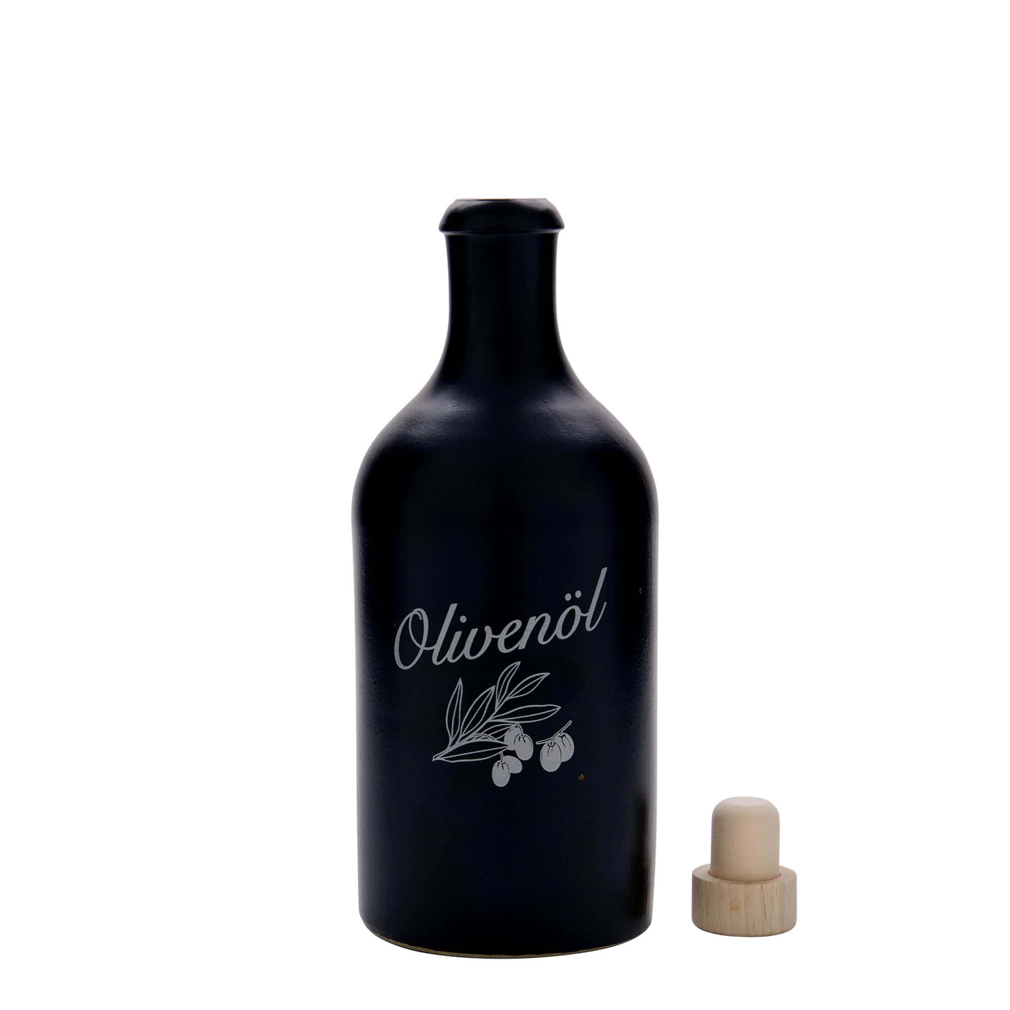 500 ml tonkrukke, motiv: olivenolje, steintøy, svart, åpning: kork