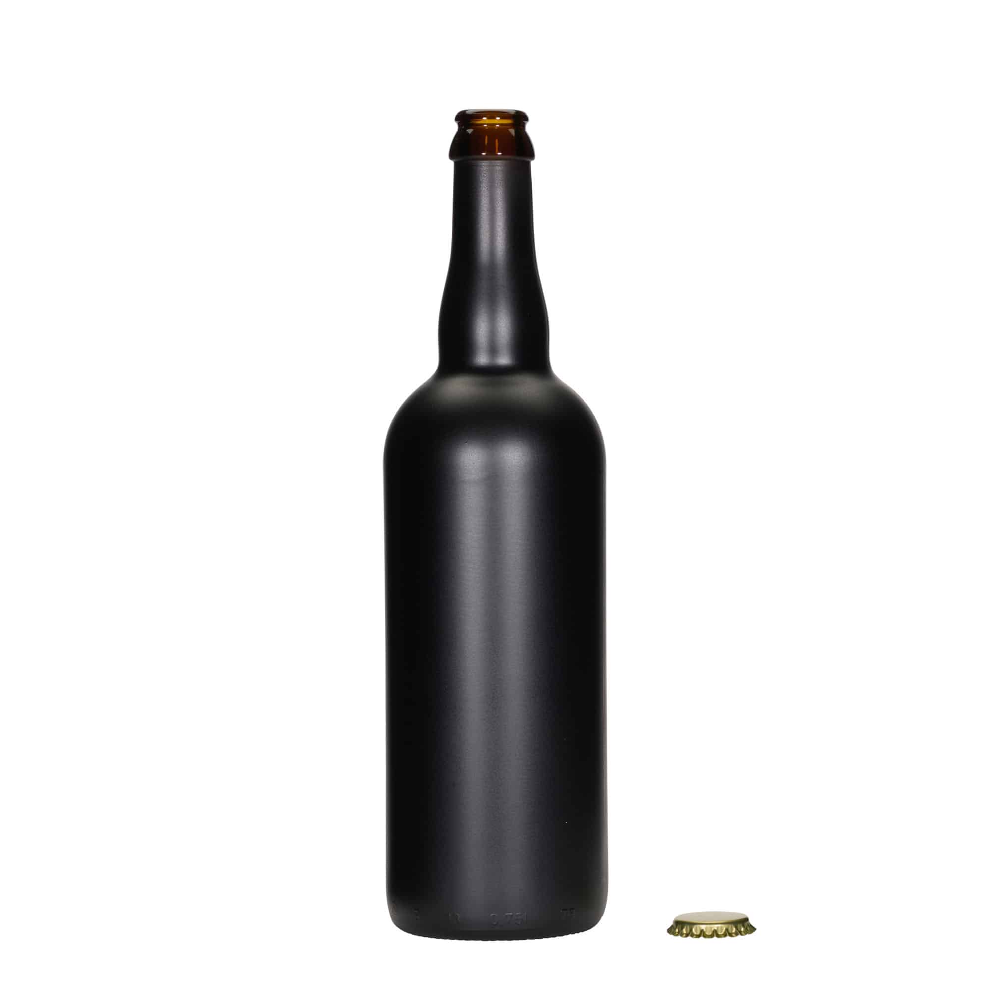 750 ml ølflaske Belgia, glass, svart, åpning: kronekork