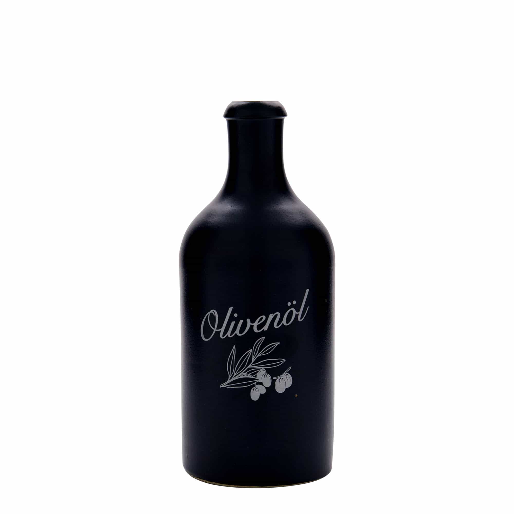 500 ml leirkrus, motiv: olivenolje, steintøy, svart, åpning: Kork
