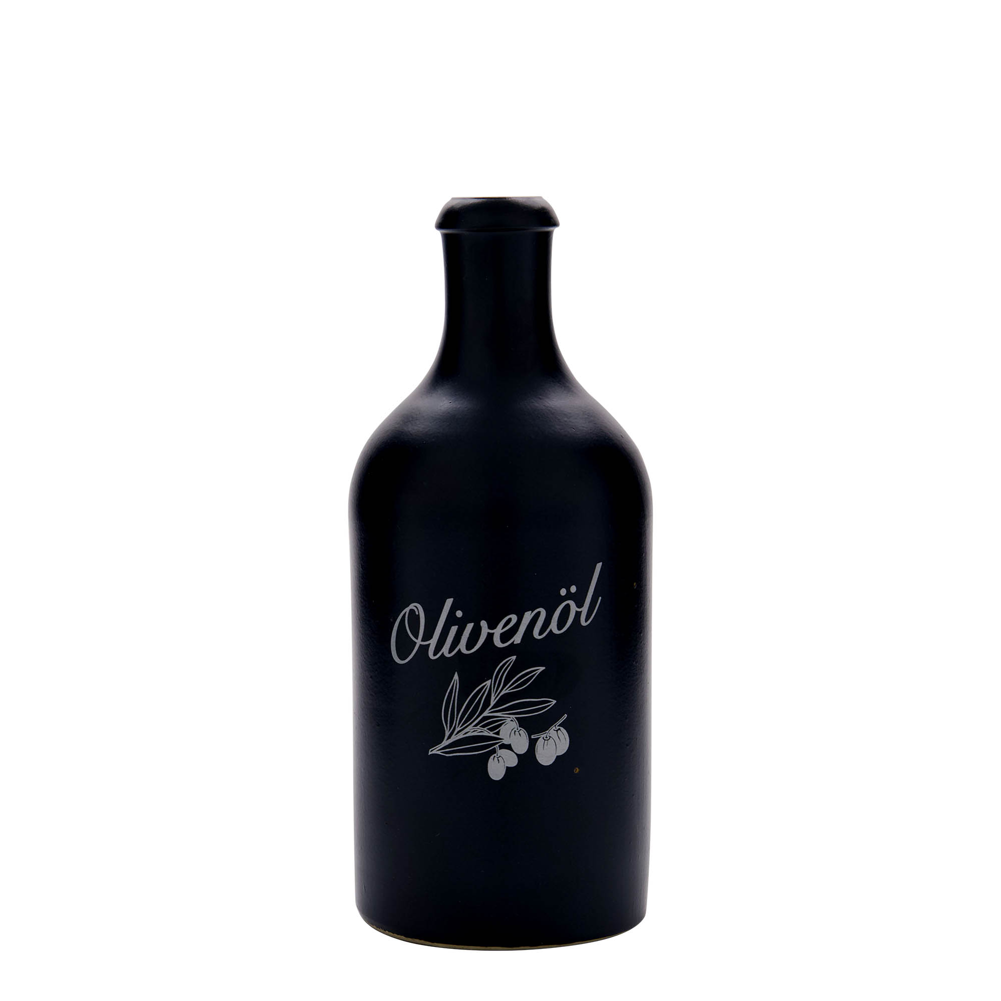 500 ml tonkrukke, motiv: olivenolje, steintøy, svart, åpning: kork 500 ml tonkrukke, motiv: olivenolje, steintøy, svart, åpning: kork