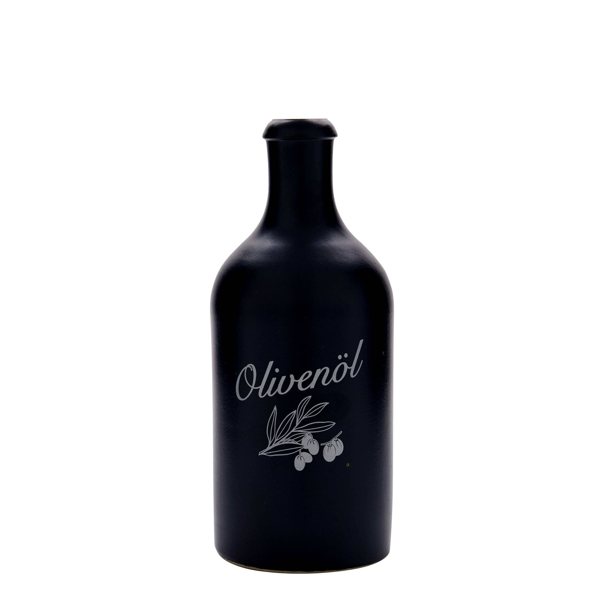 500 ml tonkrukke, motiv: olivenolje, steintøy, svart, åpning: kork