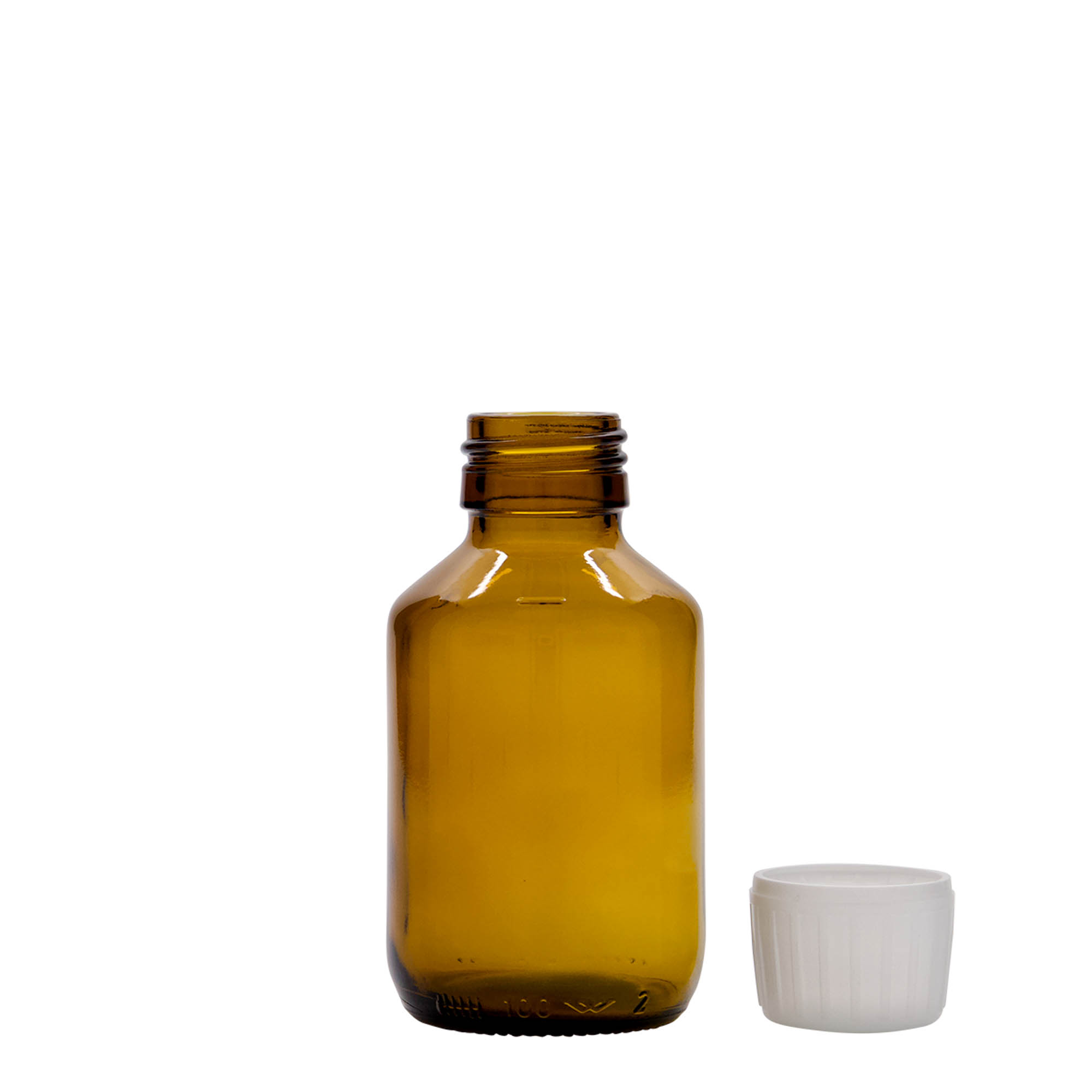 100 ml medisinsk flaske, brun, glass, åpning: PP 28