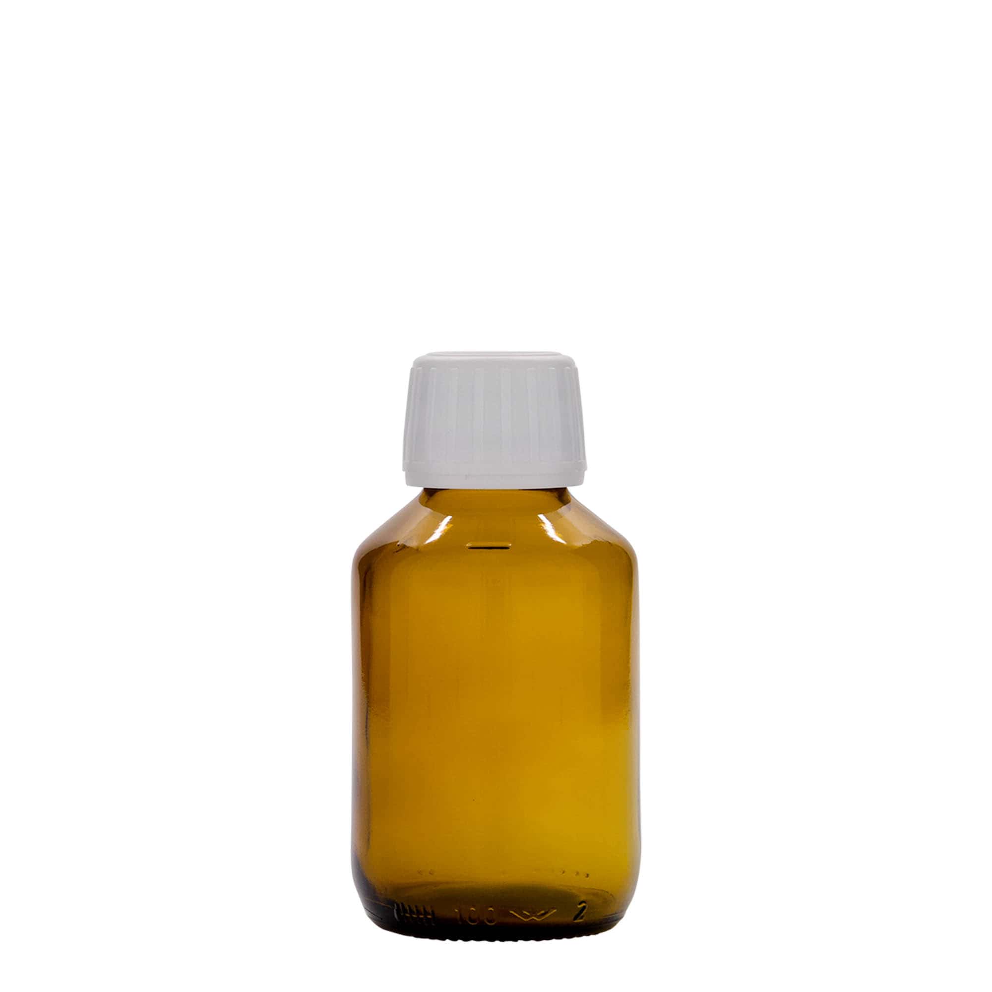 100 ml medisinsk flaske, brun, glass, åpning: PP 28