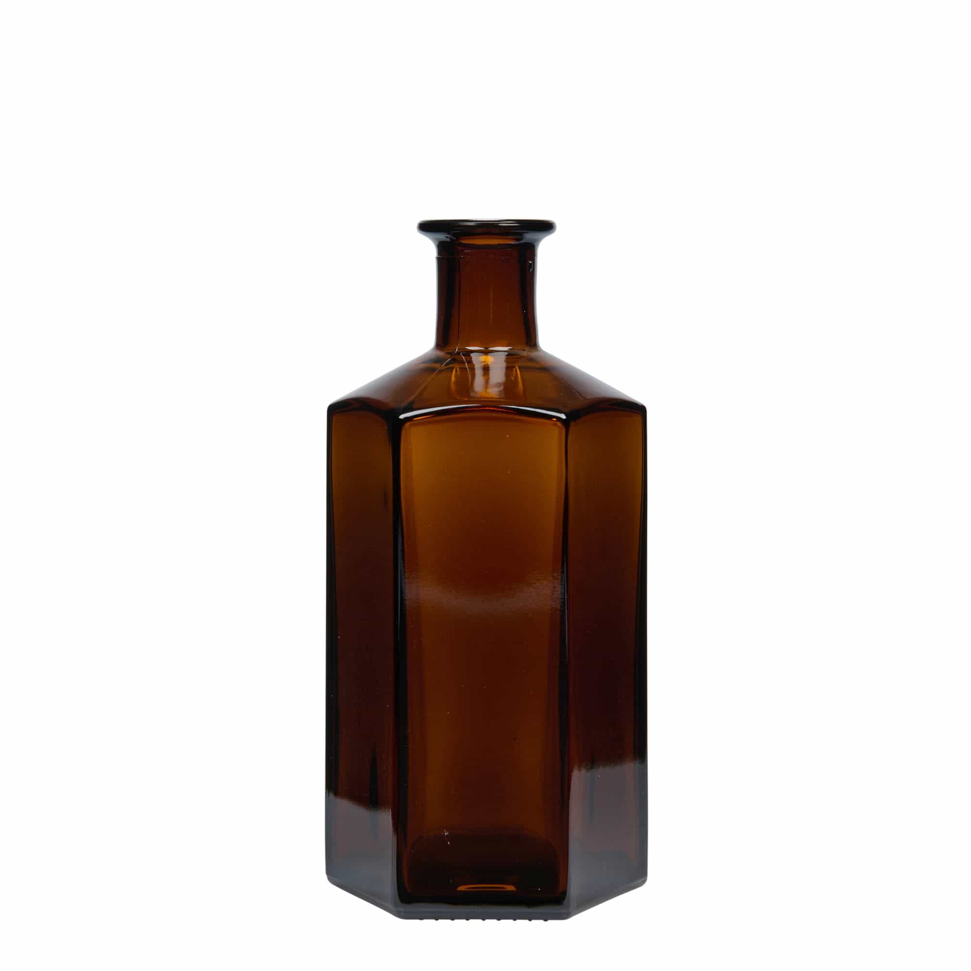 500 ml glassflaske Apothecary 'Jimmy'. sekskantet. brun. Munn: kork