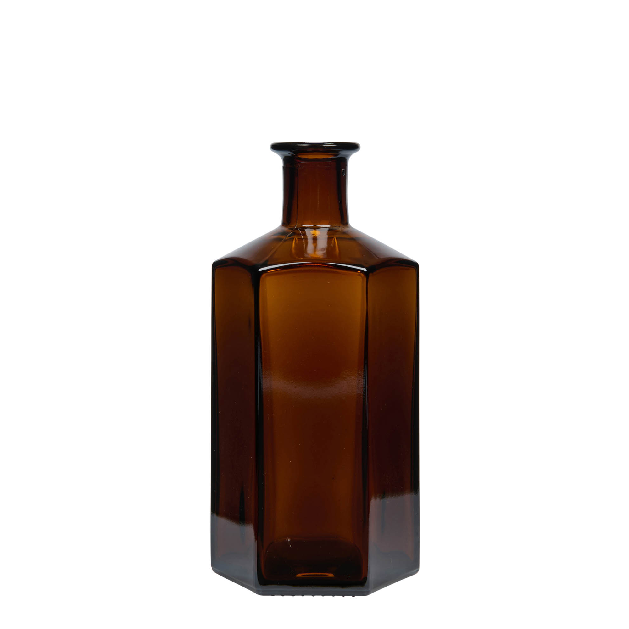 500 ml glassflaske apotek 'Jimmy', sekskantet, brun, åpning: kork