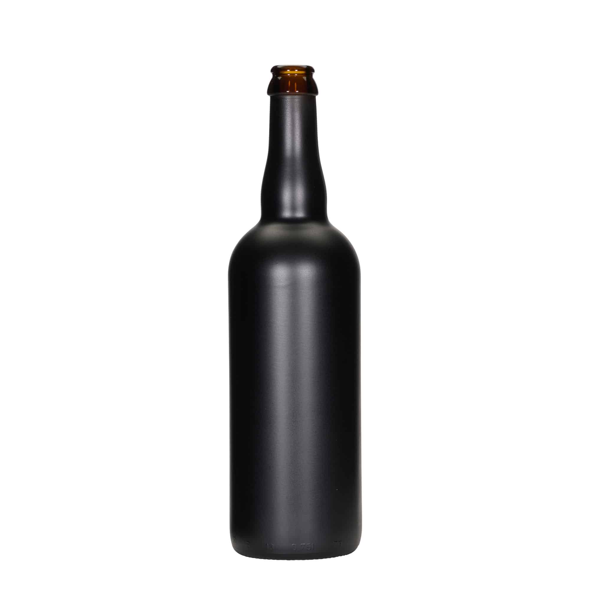 750 ml ølflaske Belgia, glass, svart, åpning: kronekork
