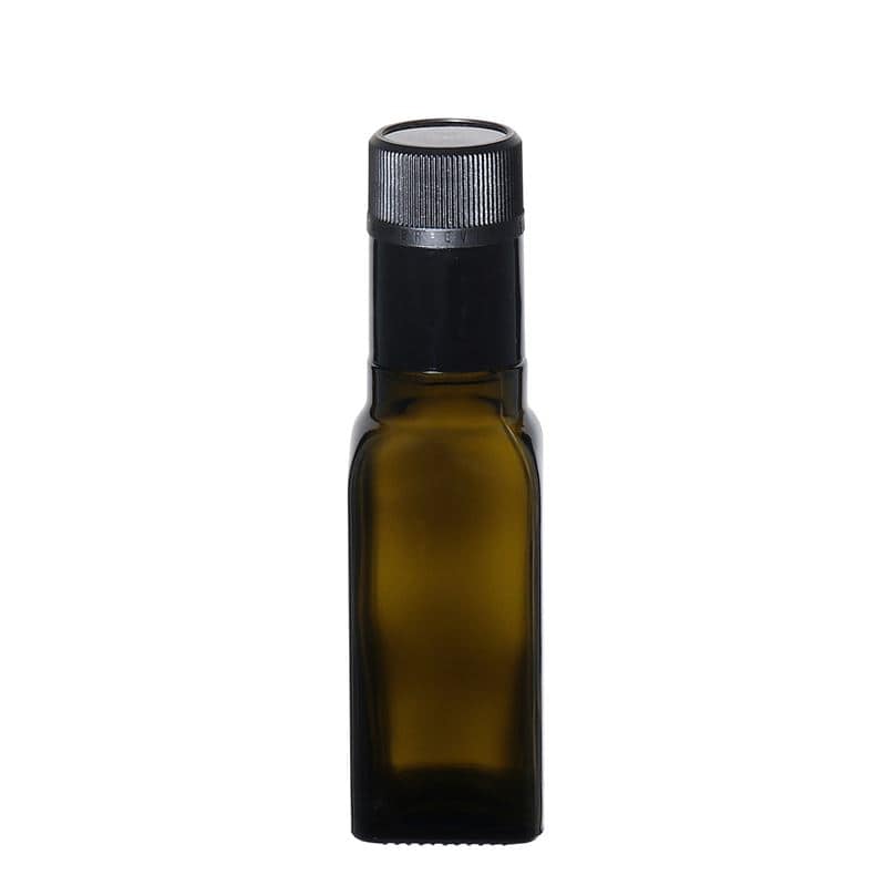 100 ml eddik-/oljeflaske "Quadra", glass, kvadratisk, antikkgrønn, åpning: DOP