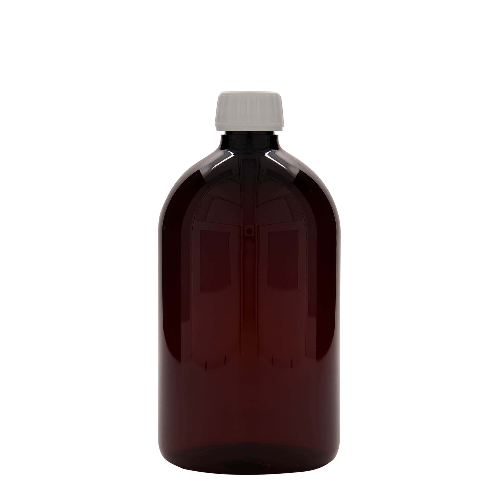 1000 ml PET-medisinflaske, brun, plast, åpning: PP 28