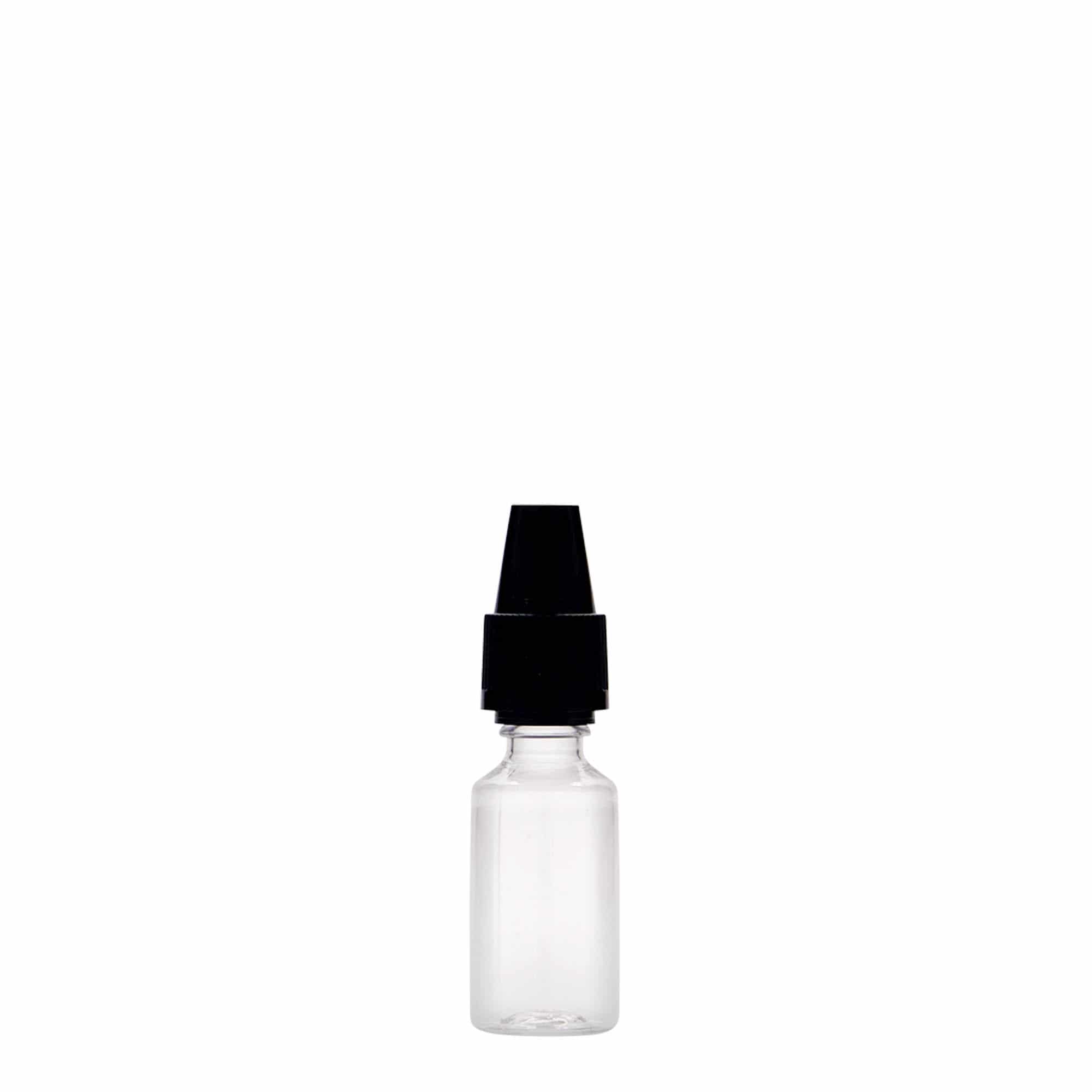 10 ml PET-flaske "E-Liquid" med kvalitets- og barnesikring, plast, åpning: Skrulokk