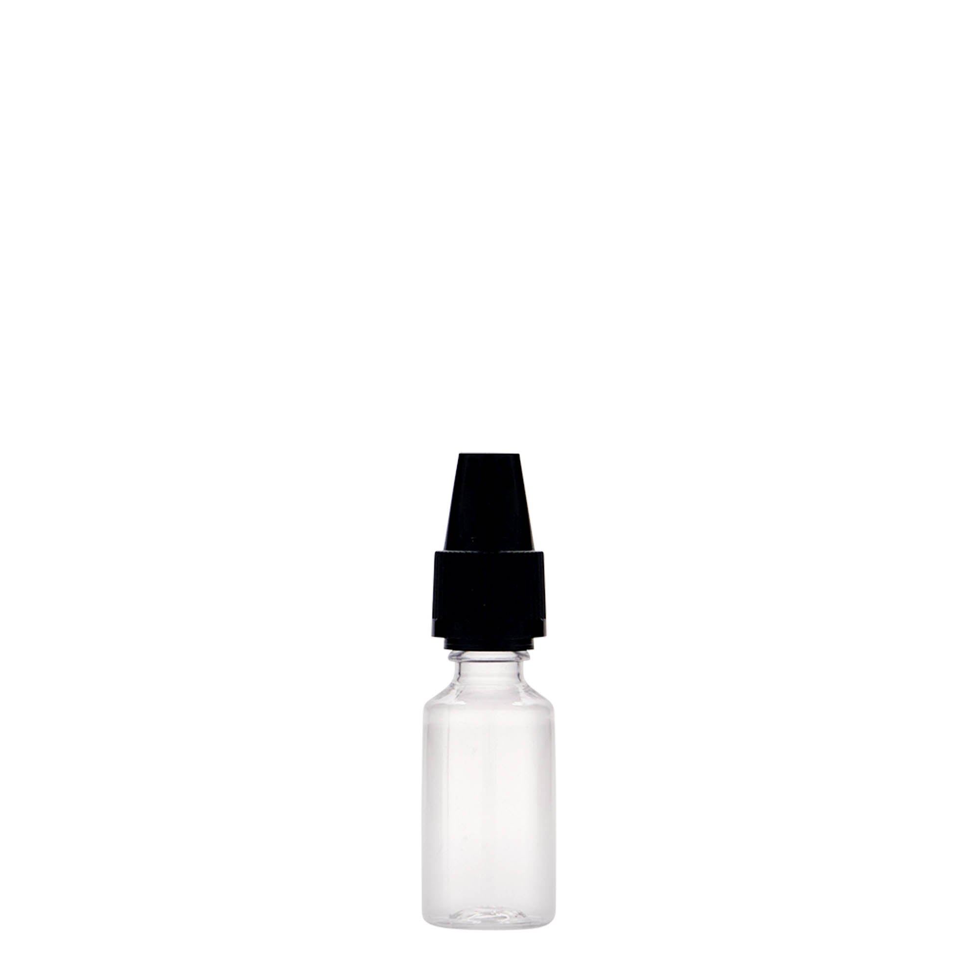 10 ml PET-flaske 'E-væske' med kvalitets- og barnesikring, plast, åpning: skrukork