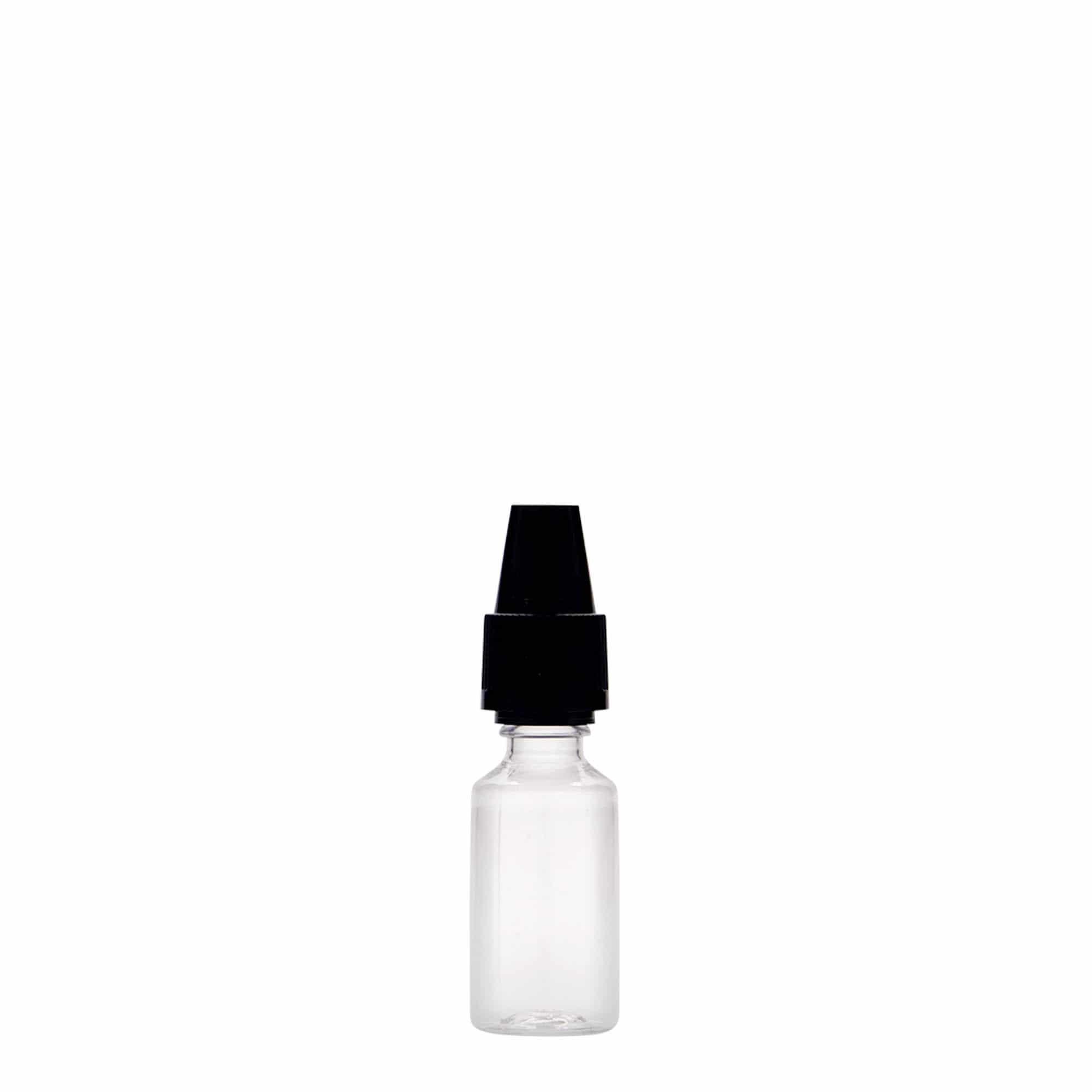 10 ml PET-flaske 'E-væske' med kvalitets- og barnesikring, plast, åpning: skrukork