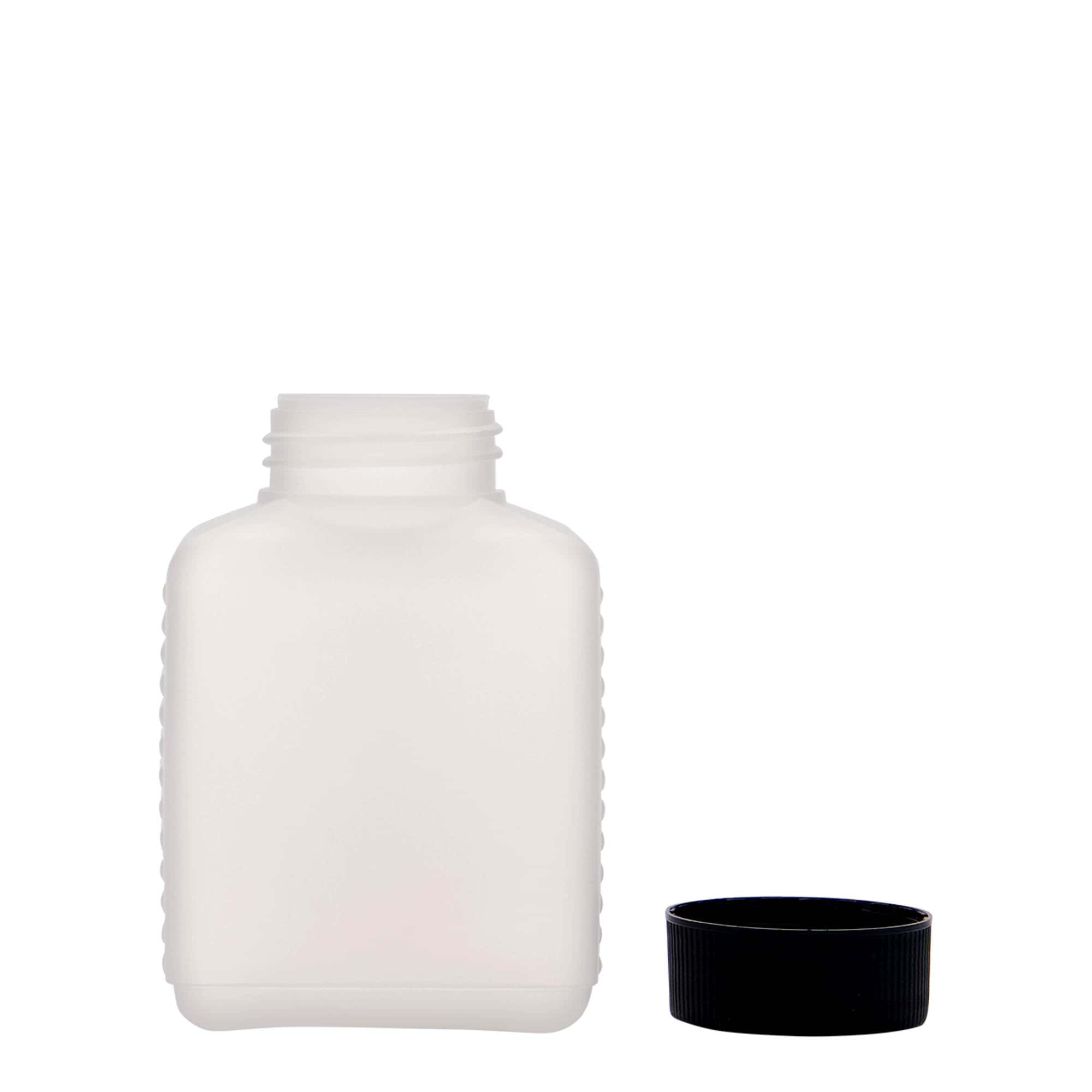 250 ml bredhalsflaske, rektangulær, HDPE-plast, natur, åpning: DIN 40 EPE