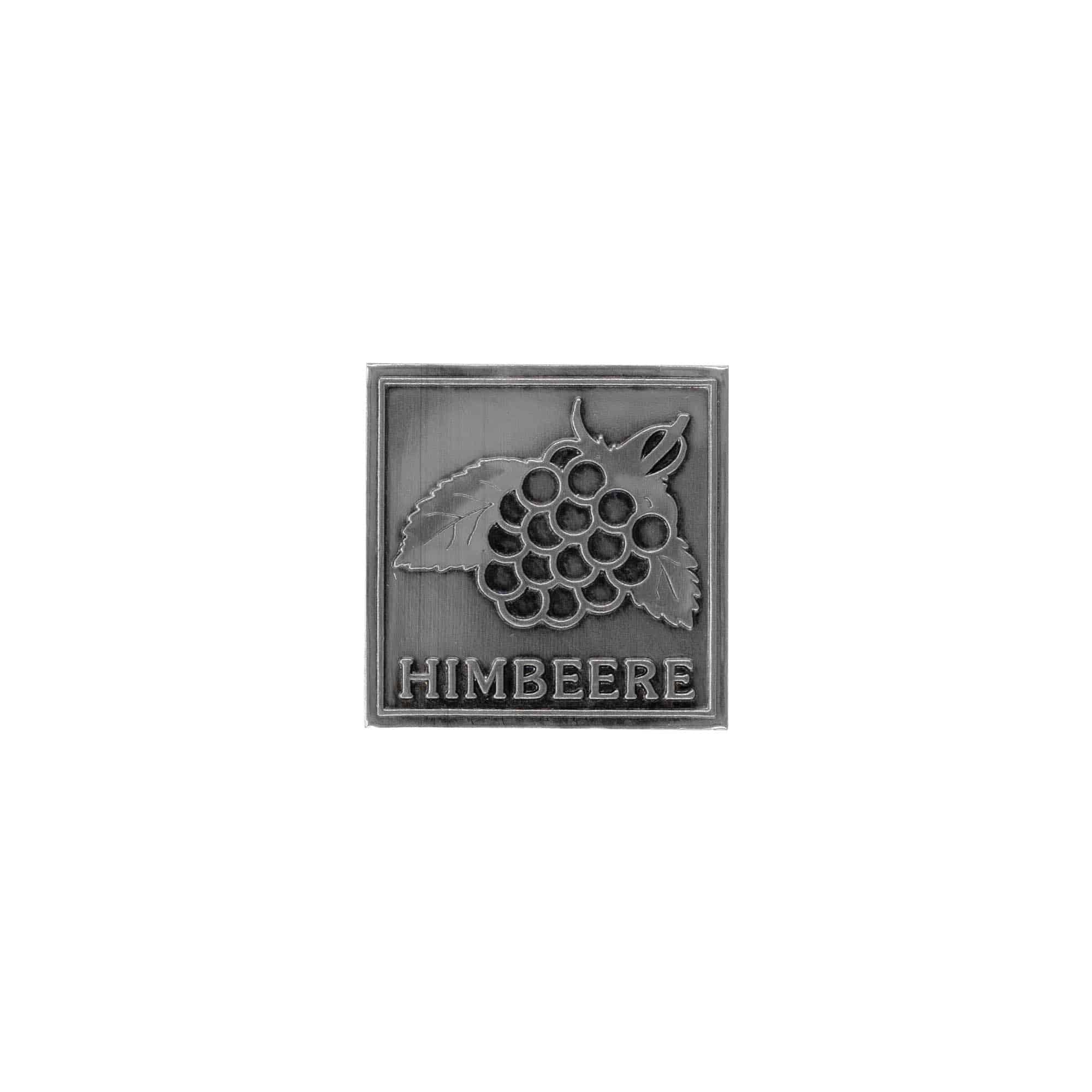 Tinnetikett "Bringebær", kvadratisk, metall, sølv