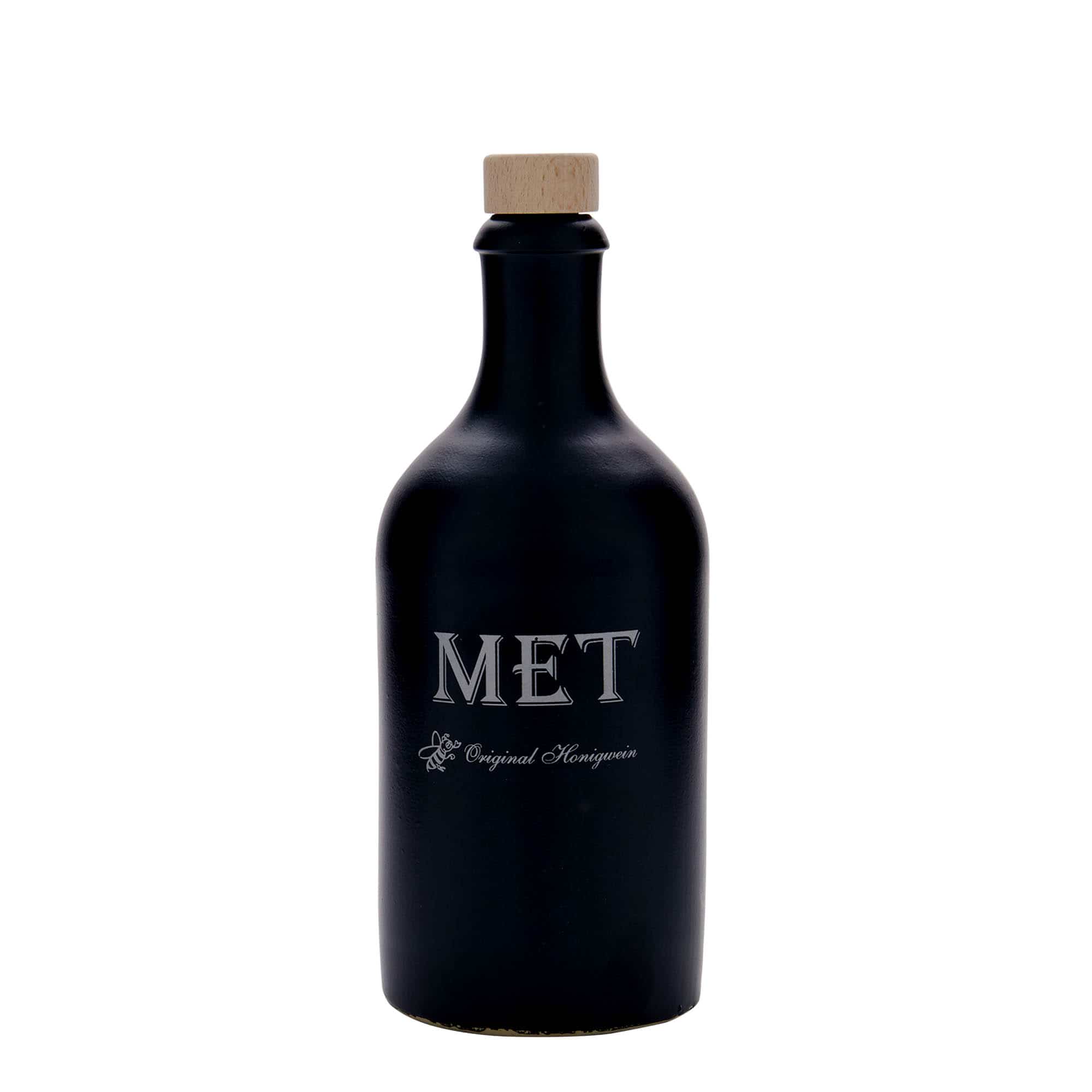 500 ml leirkrus, motiv: Met, steintøy, svart, åpning: Kork
