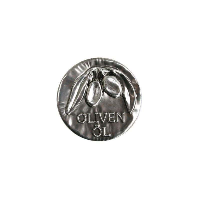 Tinnetikett "Olivenolje", metall, sølv