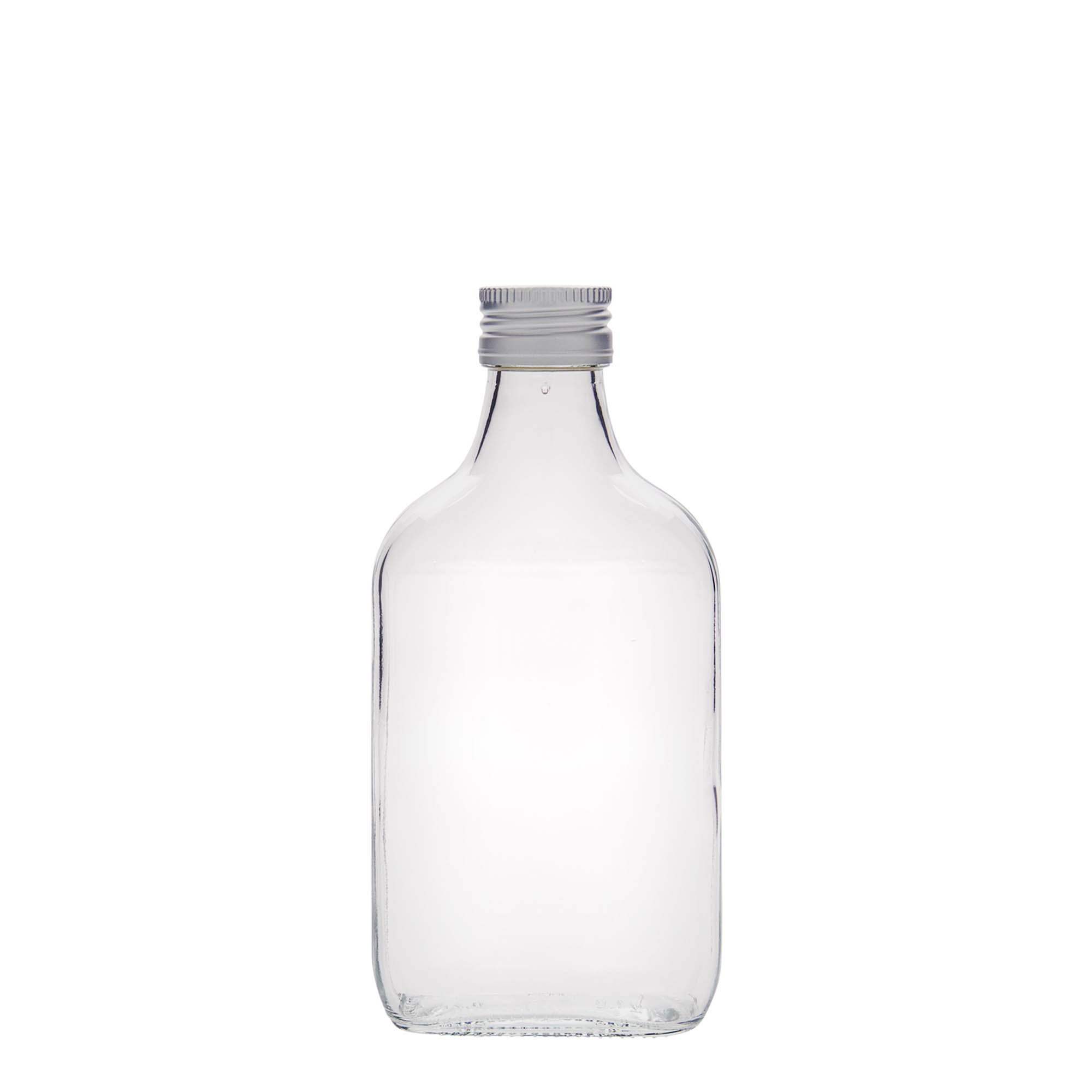 200 ml lommeflaske, rektangulær, glass, åpning: PP 28