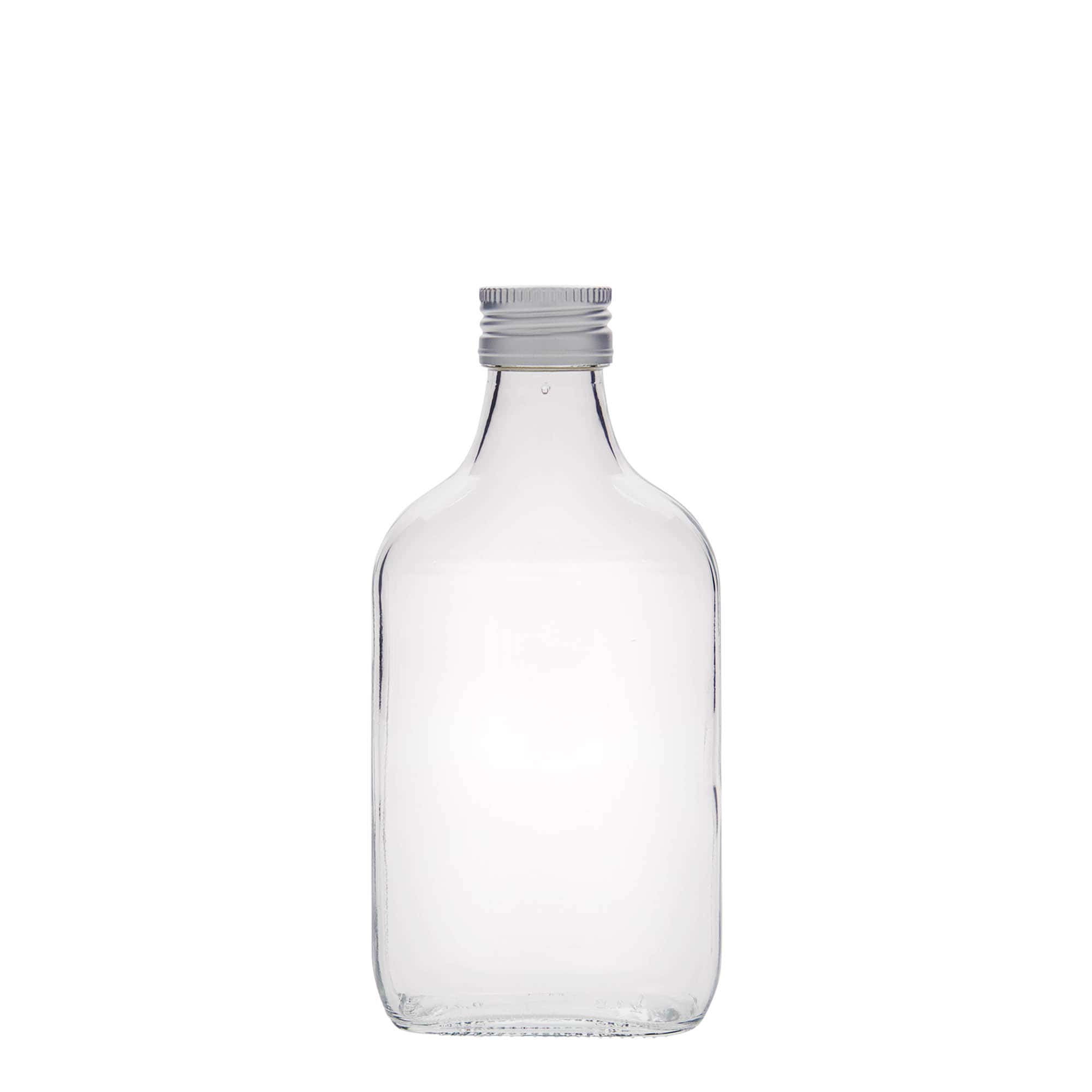 200 ml lommeflaske, rektangulær, glass, åpning: PP 28