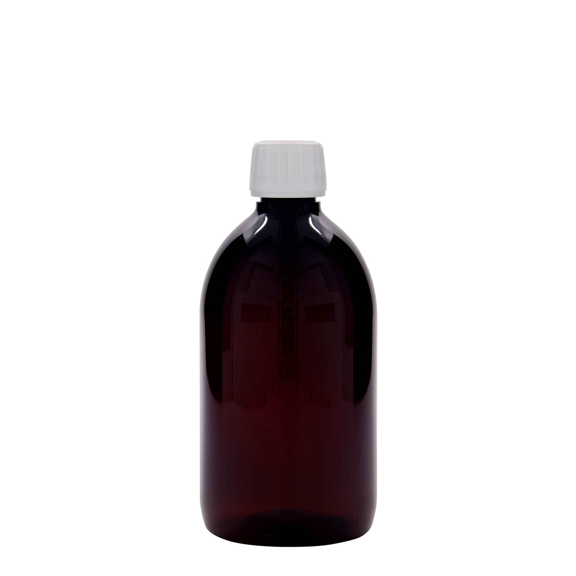 500 ml PET-medisinflaske, brun, plast, åpning: PP 28