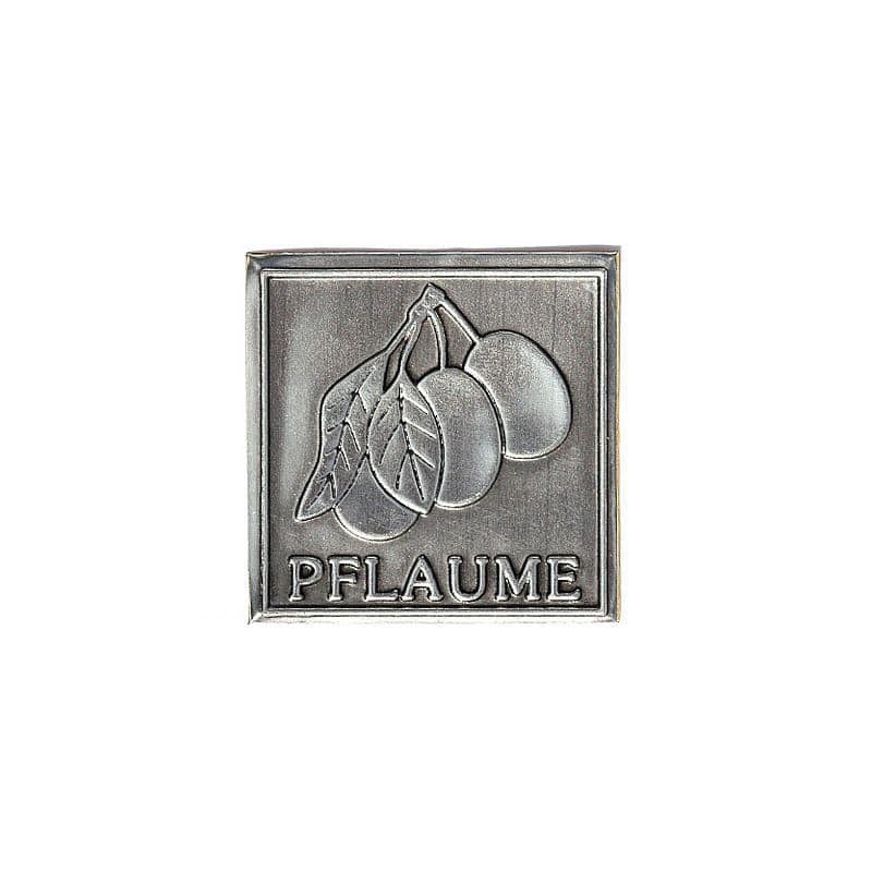 Tinnetikett "Plomme", kvadratisk, metall, sølv