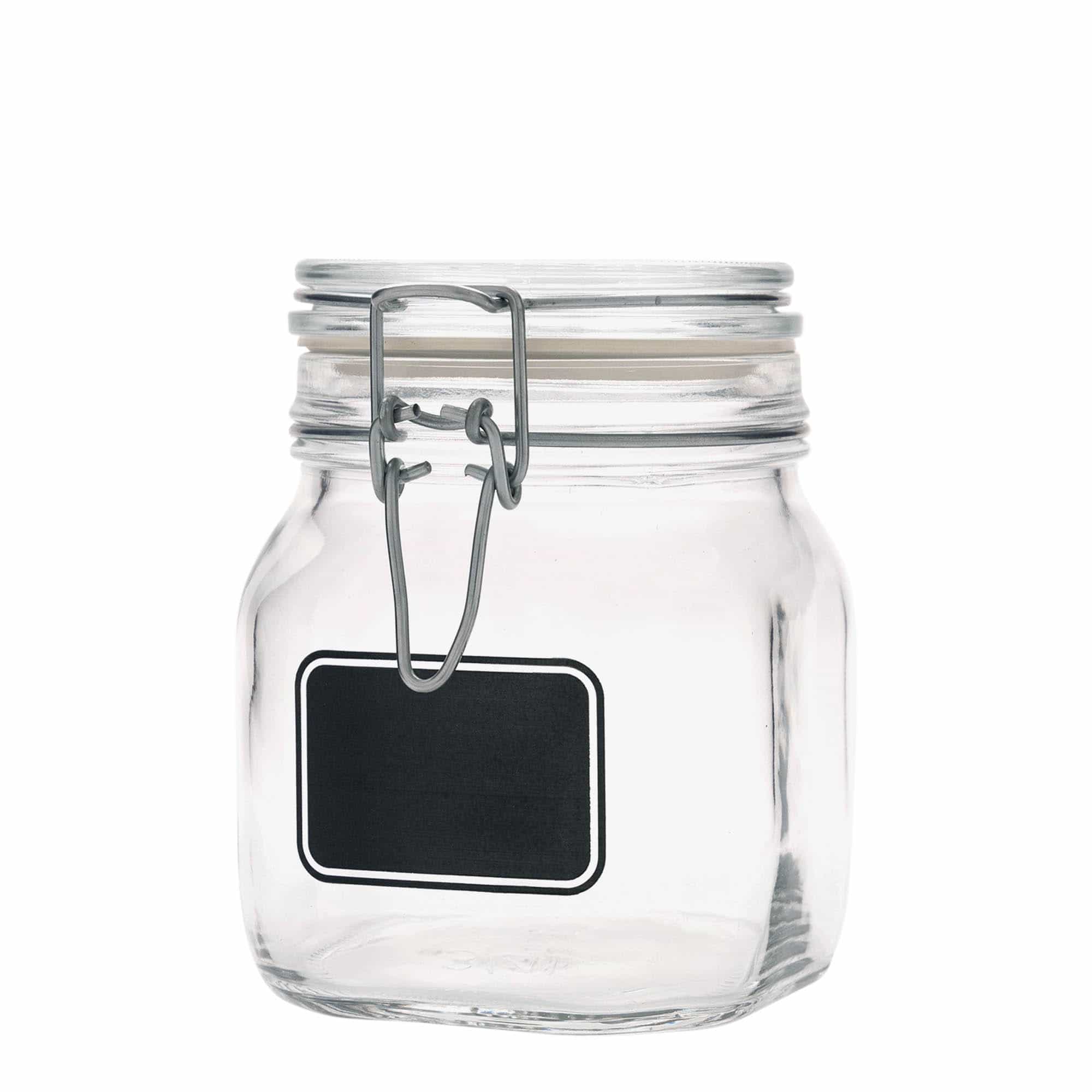 750 ml bøyleglass "Fido", motiv: Etikettfelt, kvadratisk, åpning: Bøylelokk