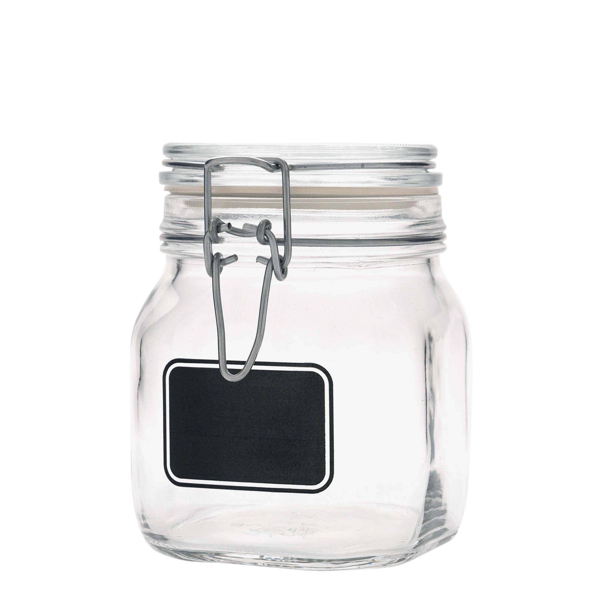 750 ml trådhettelokkglass 'Fido', motiv: etikettfelt, kvadratisk, åpning: trådhettelokkslås 750 ml trådhettelokkglass 'Fido', motiv: etikettfelt, kvadratisk, åpning: trådhettelokkslås