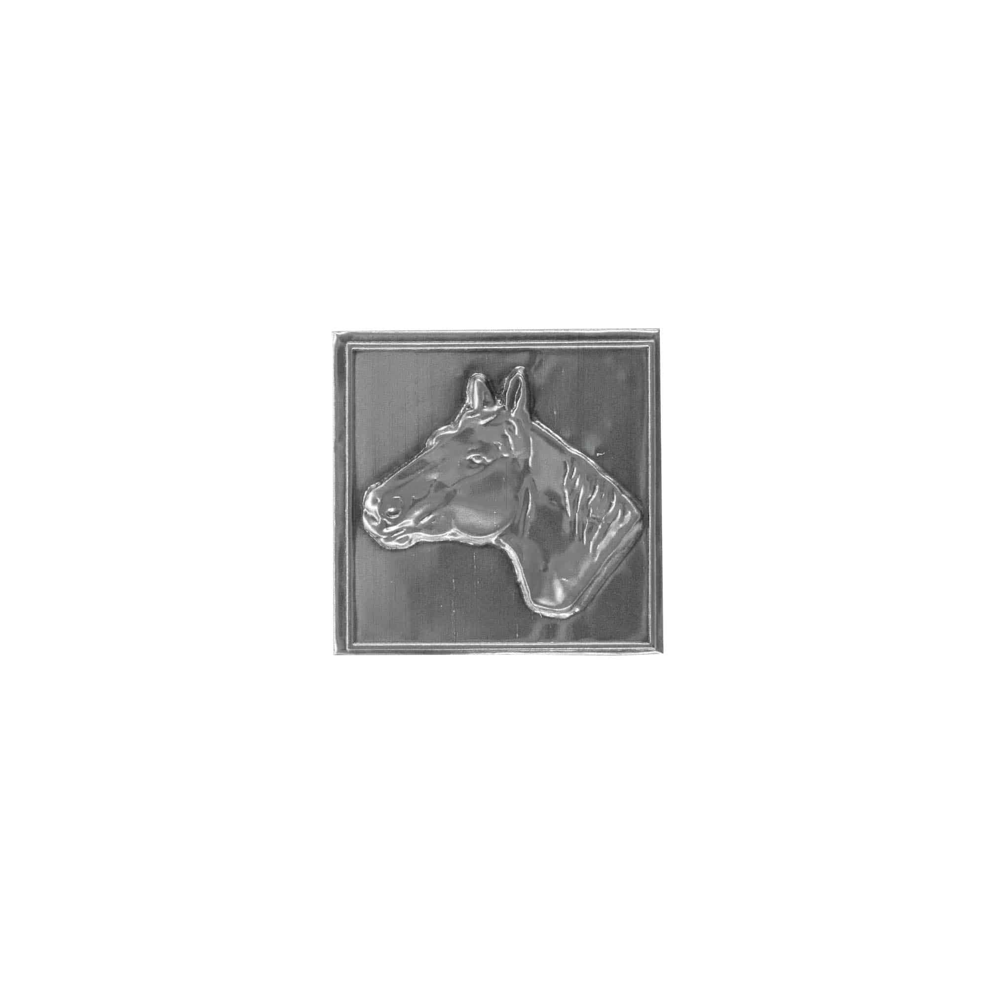 Tinnetikett "Hest", kvadratisk, metall, sølv Tinnetikett "Hest", kvadratisk, metall, sølv