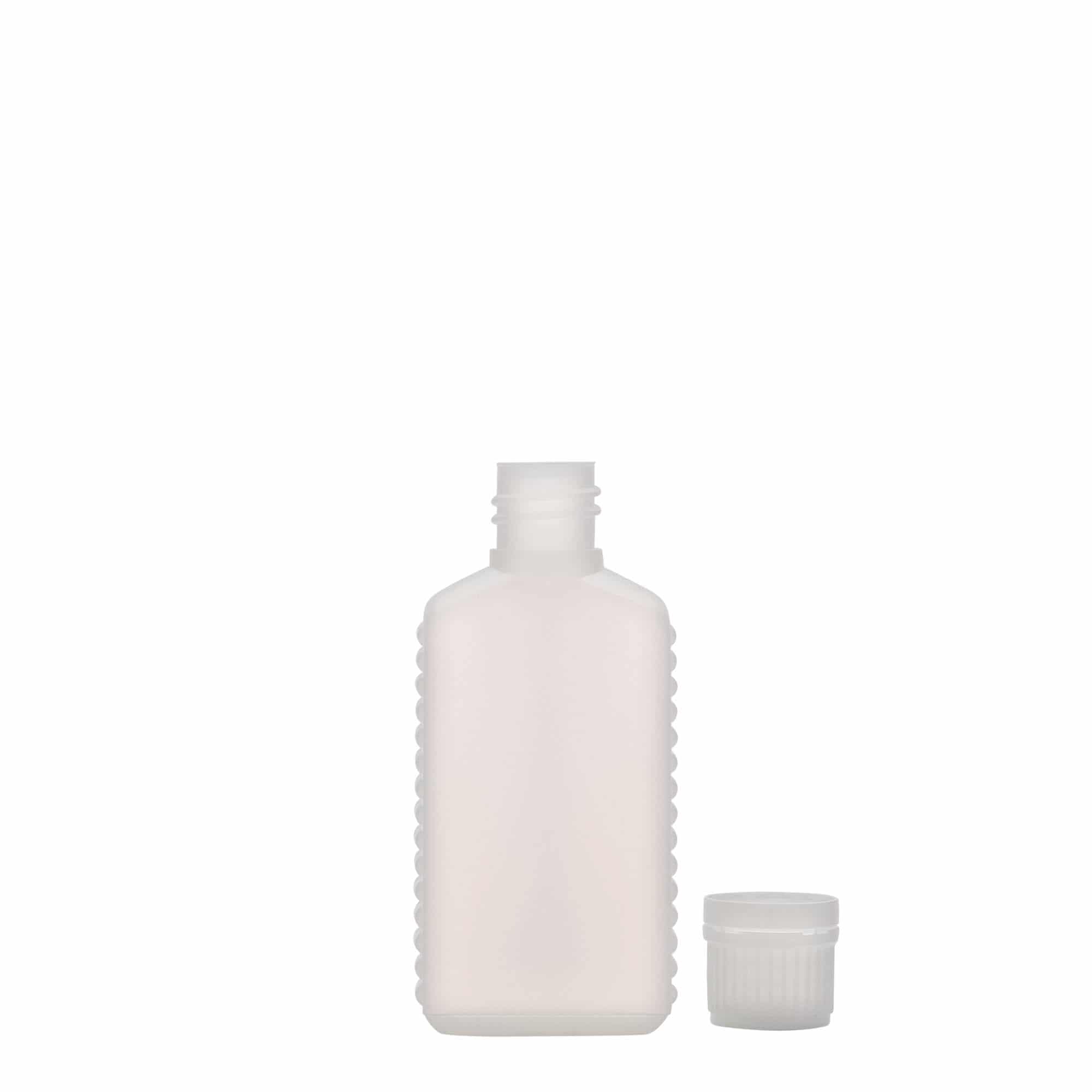 50 ml kanisterflaske med smal hals, rektangulær, HDPE-plast, naturfarget, åpning: DIN 18 50 ml kanisterflaske med smal hals, rektangulær, HDPE-plast, naturfarget, åpning: DIN 18