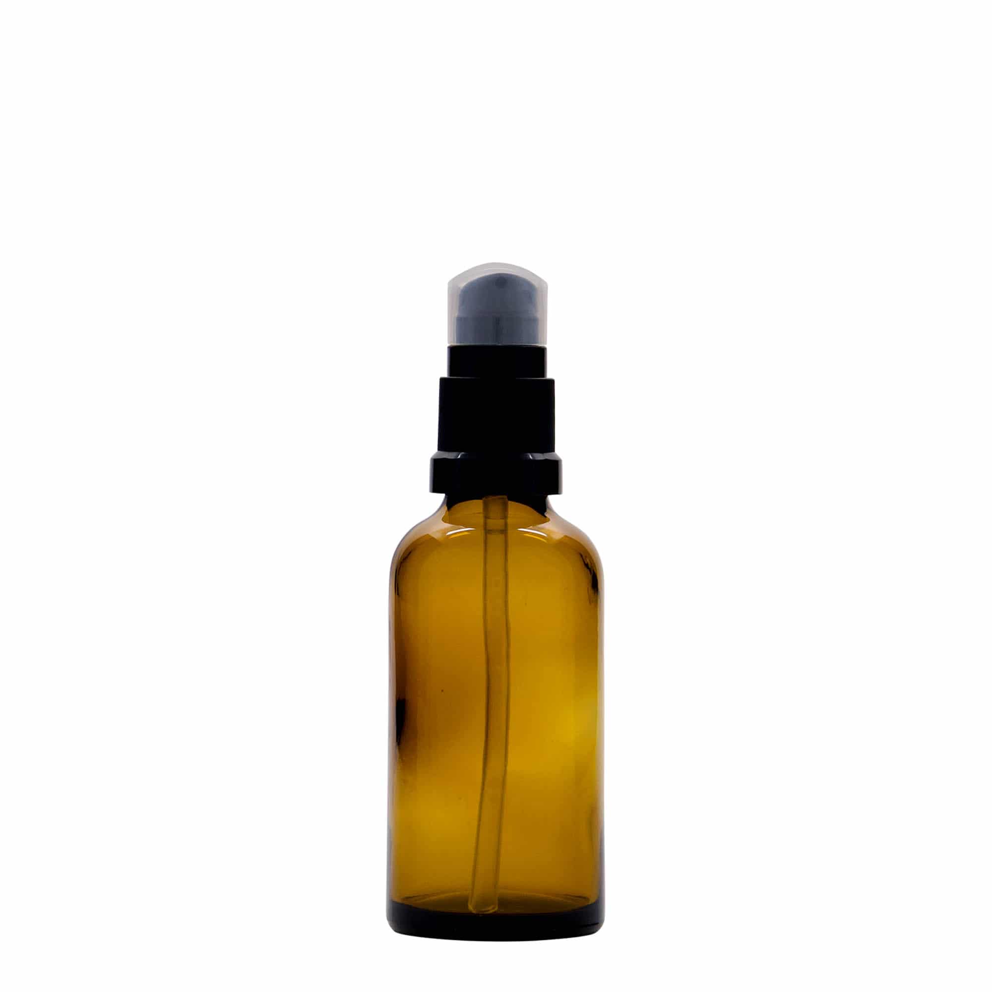 50 ml medisinsk flaske med lotionpumpe, glass, brun, åpning: DIN 18